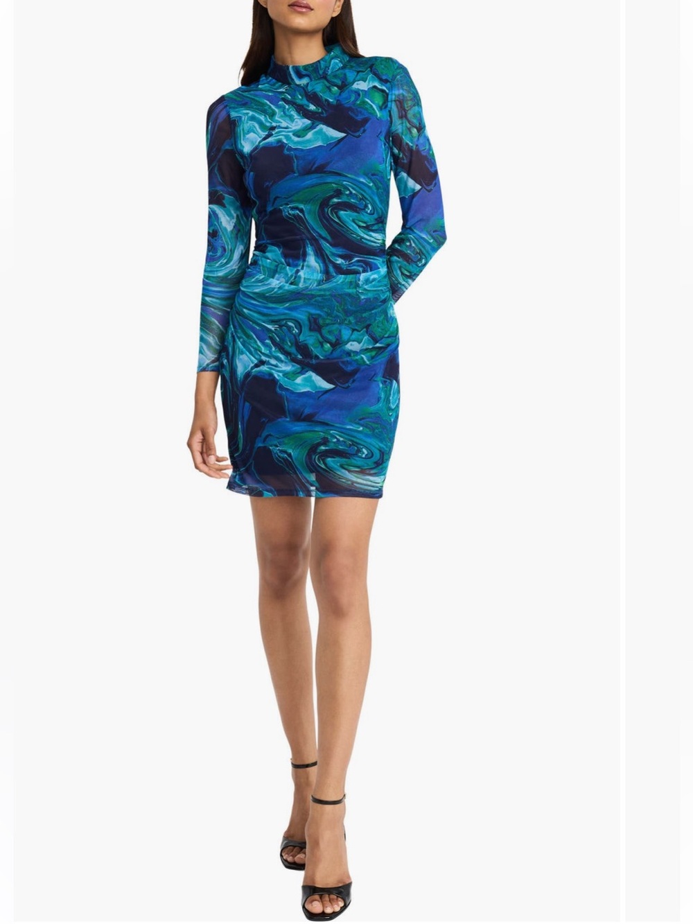 Donna Morgan Long Sleeve Ruched Mesh Minidress